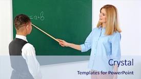  Presentation with math teacher - Slide set having math secondary - female teacher and schoolboy background and a  colored foreground