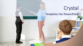  Presentation with math teacher - Beautiful presentation design featuring math secondary - female teacher and schoolboy backdrop and a  colored foreground
