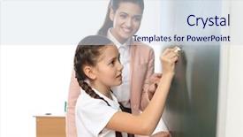  Presentation with math teacher - Presentation design consisting of math secondary - teacher looking after schoolgirl writing background and a sky blue colored foreground