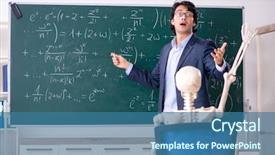  Presentation with math teacher - Colorful presentation theme enhanced with math teacher and student skeleton backdrop and a ocean colored foreground