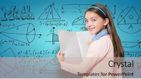  Presentation with book - Cool new PPT layouts with mathematic wallpaper - portrait of smiling girl holding backdrop and a soft green colored foreground