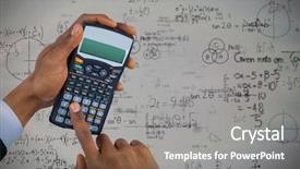  Presentation with calculator - Cool new slide deck with mathematics - hands of businessman using calculator backdrop and a gray colored foreground
