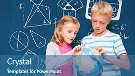  Presentation with dark blue world globe space - Colorful PPT theme enhanced with mathematics equation circle - friends looking at globe backdrop and a  colored foreground