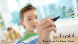  Presentation with school board - Colorful presentation theme enhanced with mathematics primary school - hand of clever boy doing backdrop and a coral colored foreground