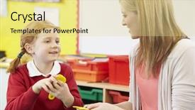  Presentation with maths - Colorful presentation theme enhanced with mathematics primary school - teacher helping female pupil backdrop and a blonde colored foreground