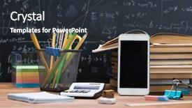  Presentation with school kids reading books - Slide set having mathematics space science - school books and stationery background and a  colored foreground