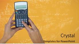  Presentation with math - Presentation design with maths pattern - hands with calculator against yellow background and a gold colored foreground