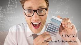  Presentation with calculator - Audience pleasing presentation consisting of maths pattern - man smiling with calculator backdrop and a coral colored foreground