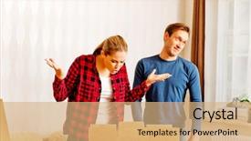  Presentation with stressed - PPT theme enhanced with matrimony - couple unpaking boxes stressed woman background and a coral colored foreground