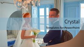  Presentation with wedding couple wishes - Cool new slide deck with matrimony - young couple before wedding ceremony backdrop and a light blue colored foreground