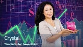  Presentation with piggy bank - Amazing slide deck having matrix diagram - happy woman holding a piggy backdrop and a  colored foreground