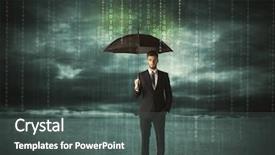  Presentation with umbrella protection - Colorful slide deck enhanced with matrix rain - business man standing with umbrella backdrop and a dark gray colored foreground