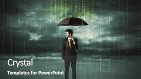  Presentation with umbrella protection - PPT theme consisting of matrix rain - business man standing with umbrella background and a dark gray colored foreground