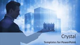  Presentation with servers - Slide set featuring matrix rain - business team looking at camera background and a light blue colored foreground