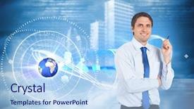  Presentation with holographic - Audience pleasing PPT theme consisting of matrix rain - thinking businessman holding pen backdrop and a light blue colored foreground