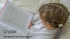  Presentation with child girl reading a book - Cool new presentation theme with matter - indoor portrait of young european backdrop and a light gray colored foreground