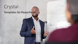  Presentation with team meeting - Beautiful slides featuring mature-african-american-coach-explaining backdrop and a light gray colored foreground