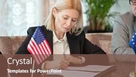  Presentation with partnership - Presentation consisting of mature-american-delegate-in-formalwear background and a tawny brown colored foreground