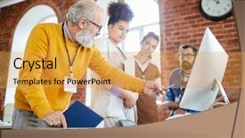  Presentation with data analyst - Audience pleasing PPT theme consisting of mature analyst pointing at computer backdrop and a yellow colored foreground