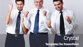  Presentation with celebrate - Colorful presentation enhanced with mature and 2 young businessman celebrate success backdrop and a tawny brown colored foreground