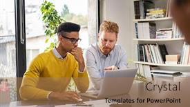  Presentation with team working together - Colorful PPT layouts enhanced with mature-and-young-businessmen-discussing backdrop and a coral colored foreground