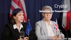  Presentation with great britain - Presentation design having mature-and-young-female-delegates background and a navy blue colored foreground