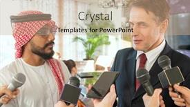  Presentation with microphones - Presentation theme enhanced with mature-and-young-male-delegates background and a coral colored foreground