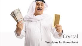  Presentation with white gold - Beautiful slide set featuring mature-arab-man-holding backdrop and a white colored foreground