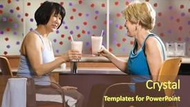  Presentation with females - Cool new presentation theme with mature asian and caucasian adult females sitting at table in health club cafeteria backdrop and a tawny brown colored foreground