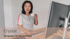  Presentation with woman office desk - Presentation theme consisting of mature asian business woman working on standing desk at home office drinking coffee cup taking a break businesswoman professional lady at work typing at computer people lifestyle lady in her 50s background and a coral colored foreground