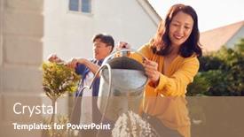  Presentation with home garden - Colorful presentation enhanced with mature-asian-couple-at-work backdrop and a coral colored foreground