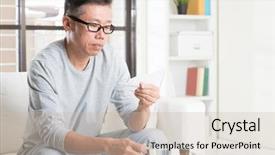  Presentation with back pain - Slide deck having mature asian man back pain background and a soft green colored foreground