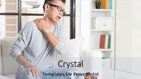  Presentation with shoulder pain - Slide deck featuring mature asian man shoulder pain background and a light blue colored foreground