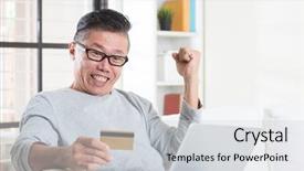  Presentation with online payment - Slide deck featuring mature asian man winning prizes background and a light gray colored foreground