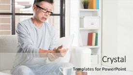  Presentation with joint pain - Colorful slide set enhanced with mature asian man wrist pain backdrop and a white colored foreground