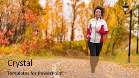  Presentation with healthy living - Presentation design enhanced with live weather - mature asian woman running active background and a yellow colored foreground