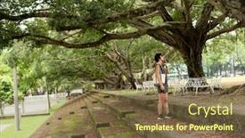 Presentation with business woman standing on maze - Presentation design enhanced with mature asian woman stand on a stairs and take a picture background and a tawny brown colored foreground