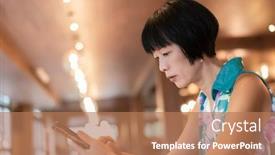  Presentation with coffee talk - Presentation design with mature asian woman talk on cellphone at a coffee shop background and a coral colored foreground