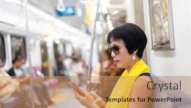  Presentation with smartphone - PPT layouts enhanced with mature-asian-woman-using-smartphone background and a coral colored foreground