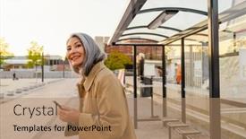  Presentation with bus station - PPT theme with mature-asian-woman-wearing-coat background and a coral colored foreground