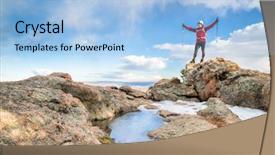 Presentation with summit - Presentation theme having mature backpacker enjoying reaching background and a light blue colored foreground
