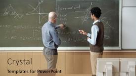  Presentation with professor - Slide set consisting of mature-bald-professor-and-young background and a coral colored foreground