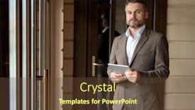  Presentation with business networking - Presentation design consisting of mature bearded businessman with touchpad looking at you while standing and networking inside business center background and a tawny brown colored foreground