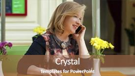  Presentation with coffee shop - Presentation theme with mature beautiful blonde woman is calling on a cell phone while sitting in a coffee shop background and a tawny brown colored foreground