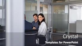  Presentation with mature students sitting at desks - PPT theme with mature-beautiful-businesswoman-with-colleagues background and a dark gray colored foreground
