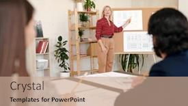  Presentation with mobile application - Cool new slides with mature-blond-businesswoman-in-eyeglasses backdrop and a coral colored foreground