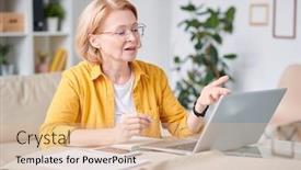  Presentation with remote work - Colorful presentation design enhanced with mature-blond-businesswoman-sitting backdrop and a coral colored foreground