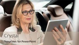  Presentation with moving business - Beautiful PPT layouts featuring mature-blond-businesswoman-talking backdrop and a coral colored foreground