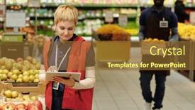  Presentation with supermarket - Theme with mature-blond-female-administrator background and a tawny brown colored foreground