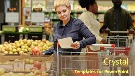  Presentation with grocery - Theme consisting of mature-blond-female-consumer background and a  colored foreground